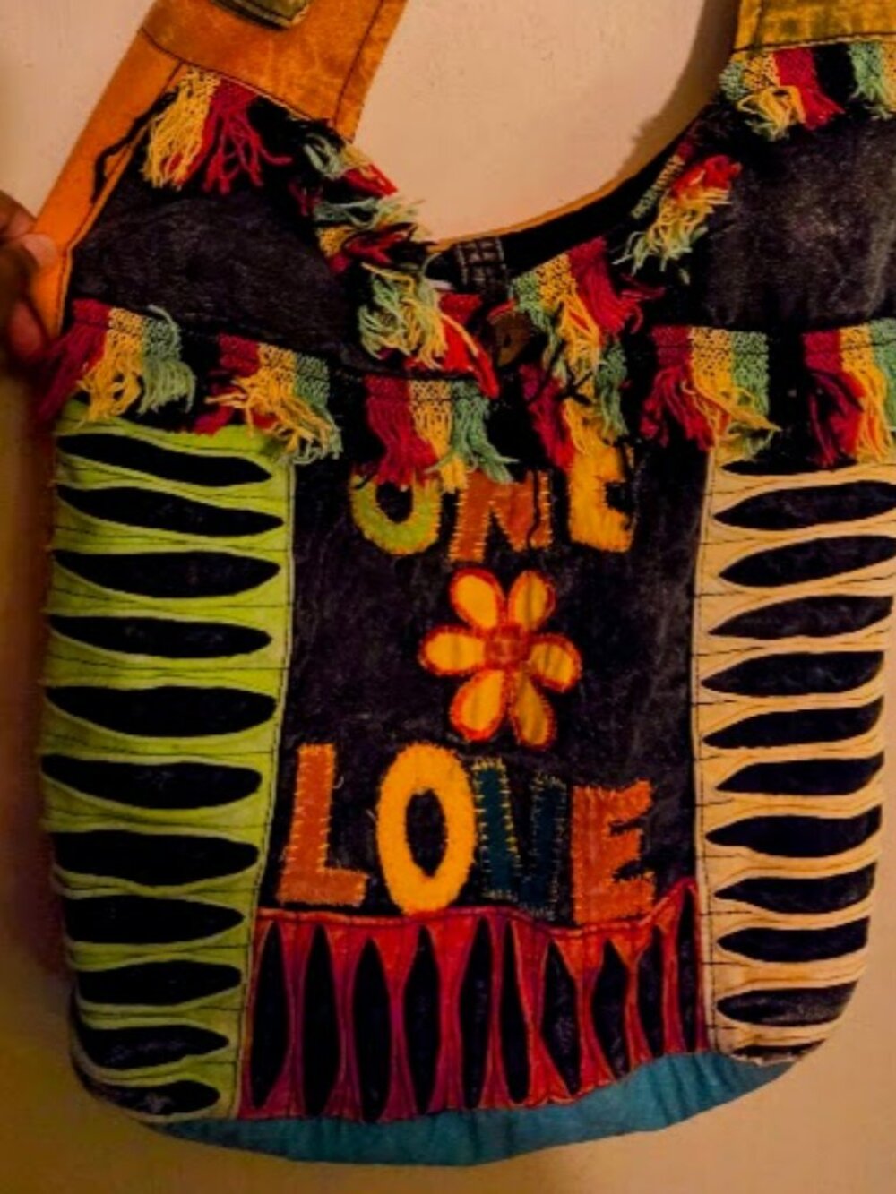 One Love Handmade Denim Hobo Crossbody Bag Patchwork Distressed Fringe Tote